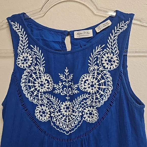 Anthropologie Meadow Rue sleeveles blue dress embroidered scallop hem women's 0 - Picture 4 of 15